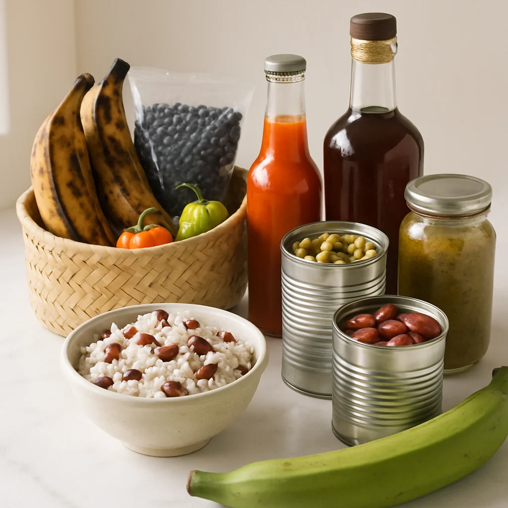 A well-stocked Caribbean kitchen counter with jars of Walkerswood jerk seasoning, bottles of Marie Sharp's habanero sauce, roti flour bags, and scotch bonnet peppers scattered around a wooden cutting board